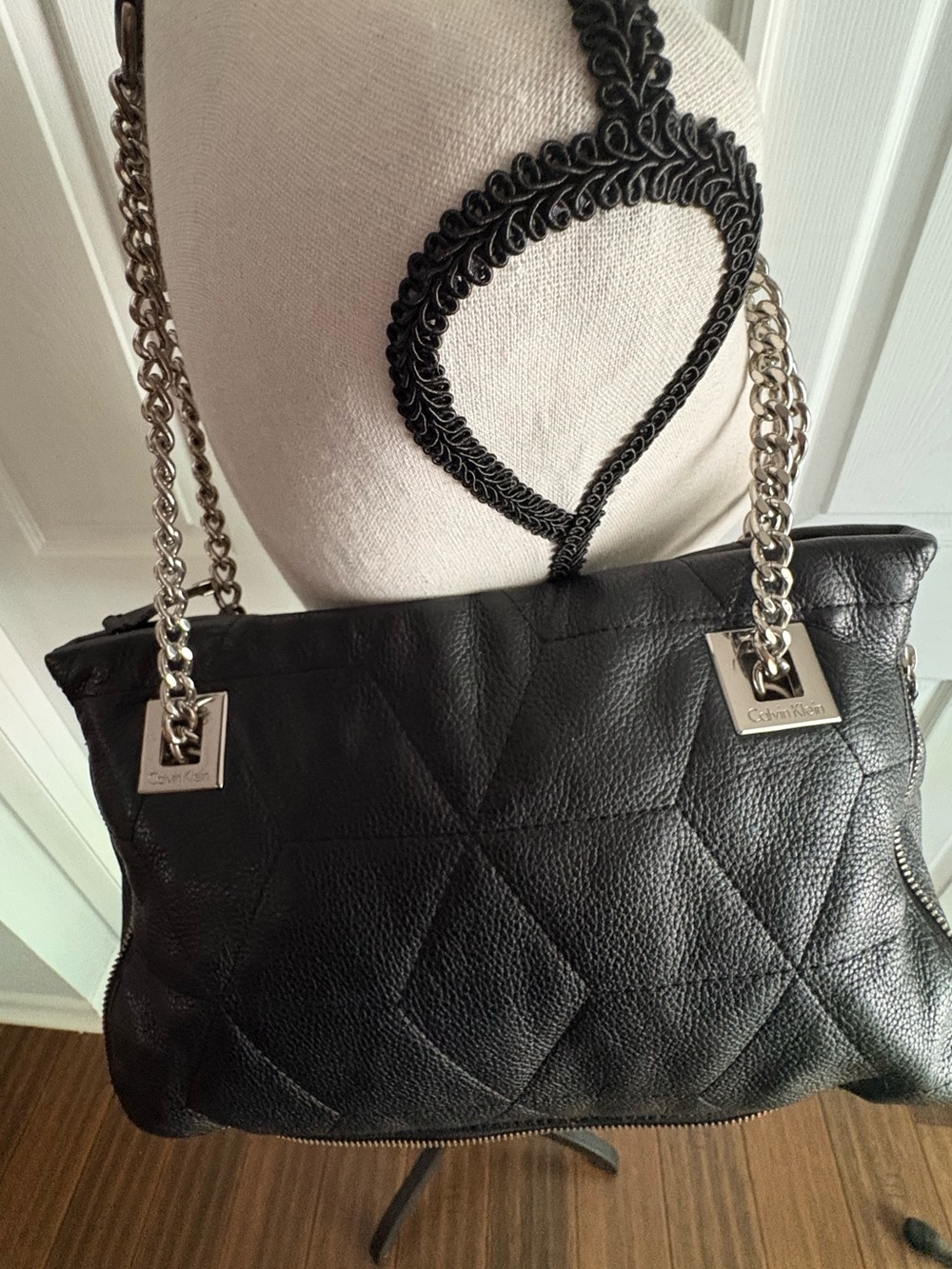 Calvin Klein Black Quilted Leather Shoulder Bag with Silver Chain Straps